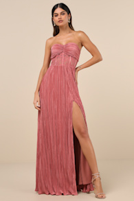 Desme Rose Pink Satin Plisse Strapless Maxi Dress 2