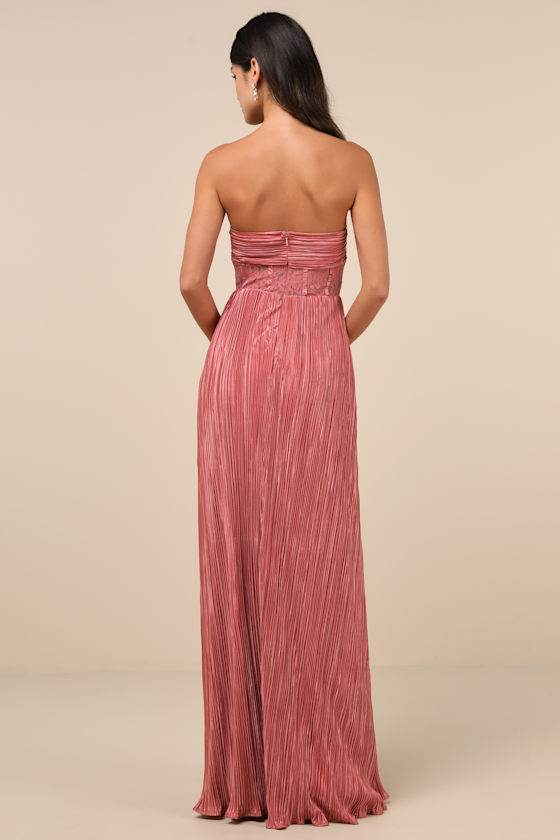 Desme Rose Pink Satin Plisse Strapless Maxi Dress 3