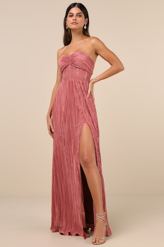 Lulus Desme Rose Pink Satin Plisse Strapless Maxi Dress In Pink