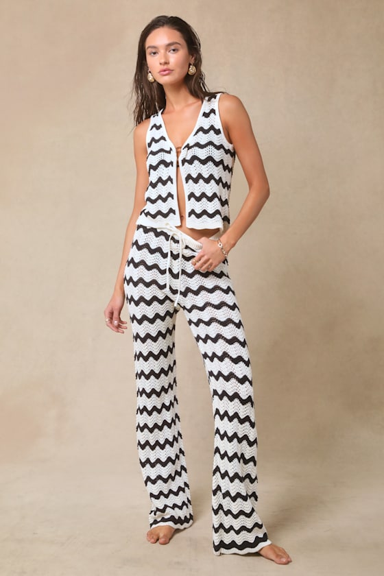 Anna Ivory and Navy Striped Crochet Swim Cover-Up Pants 1
