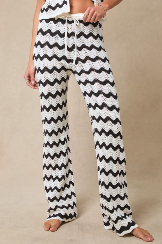 4th & Reckless Anna Ivory And Navy Striped Crochet Swim Cover-up Pants In Navy