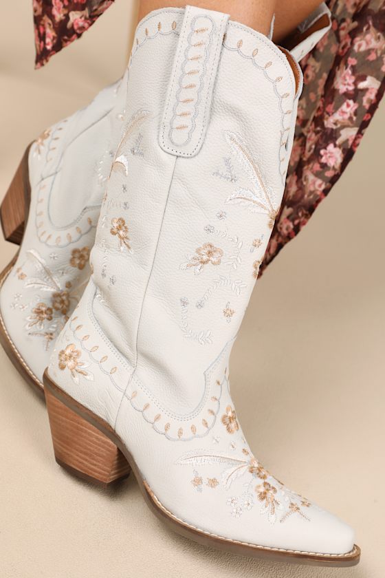 Dingo Full Bloom White Leather Embroidered Mid-calf Western Boots In White