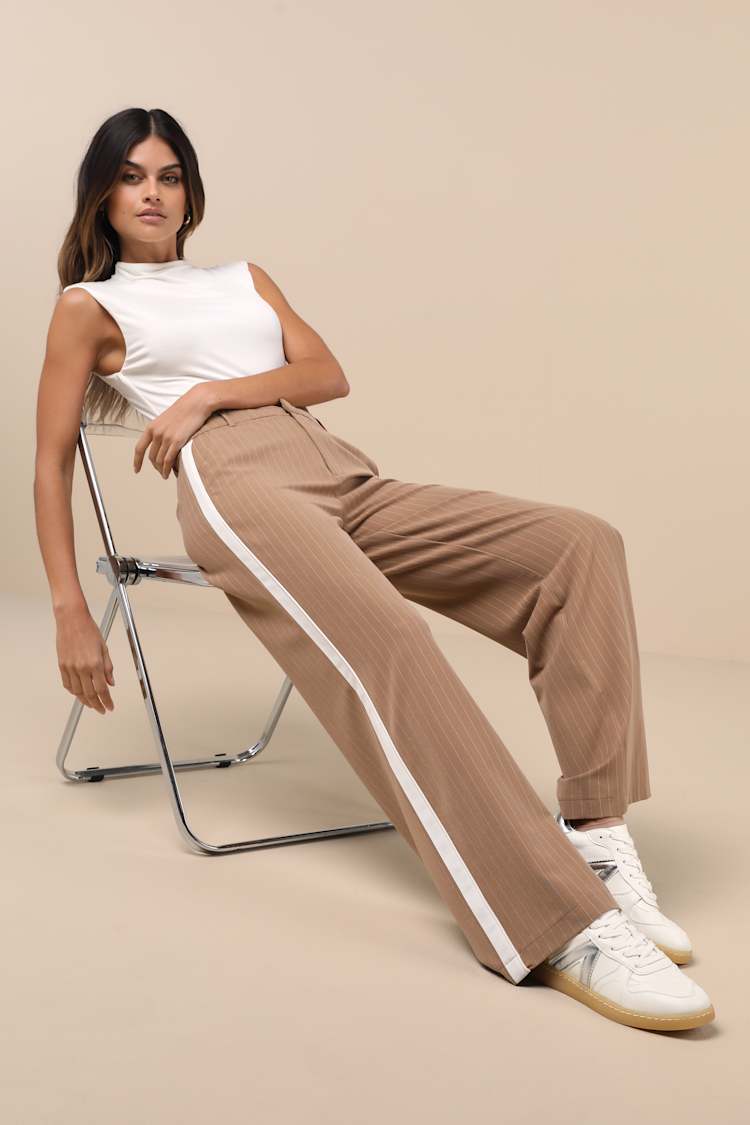 Tan Side Stripe Pants - Double-Waisted Pants - Pinstriped Pants 