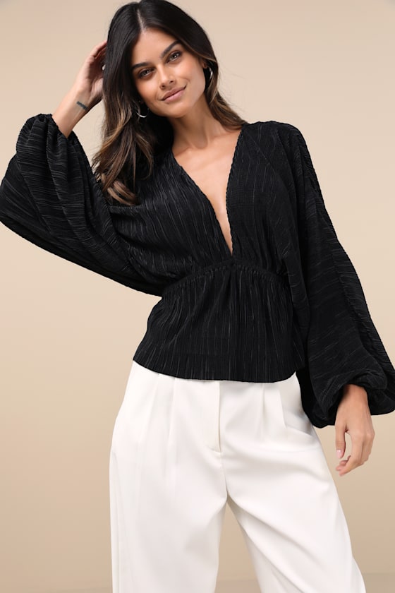 Radiant Flirt Black Satin Plisse Long Sleeve Top 4