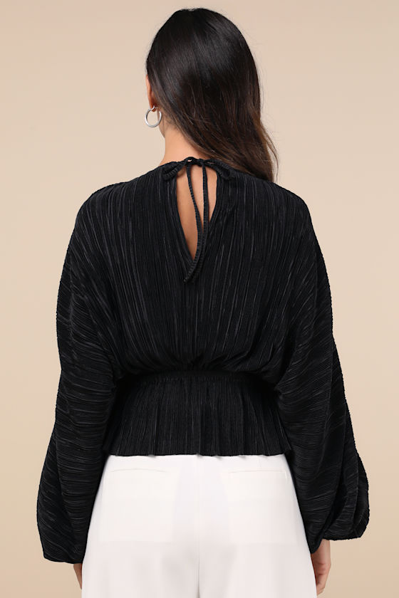 Radiant Flirt Black Satin Plisse Long Sleeve Top