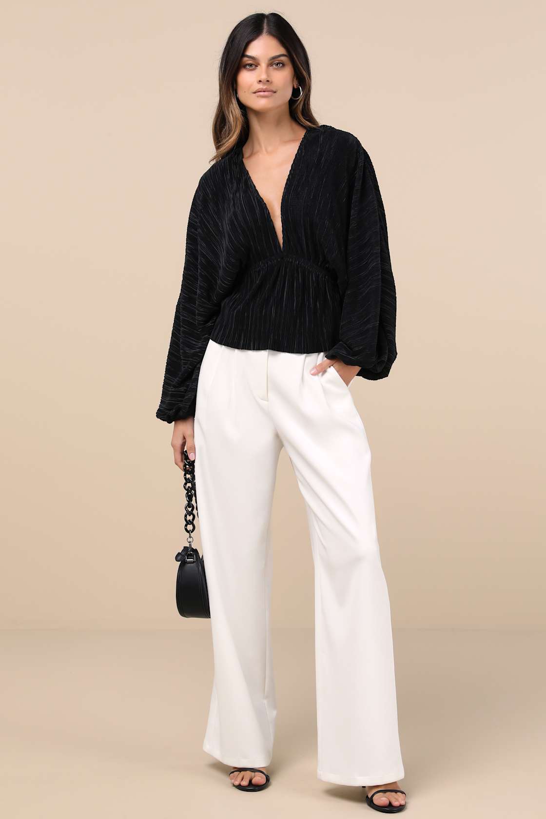 Radiant Flirt Black Satin Plisse Long Sleeve Top