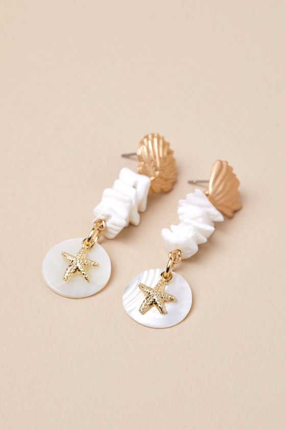 LULUS TARKA WHITE AND GOLD SEASHELL DROP EARRINGS