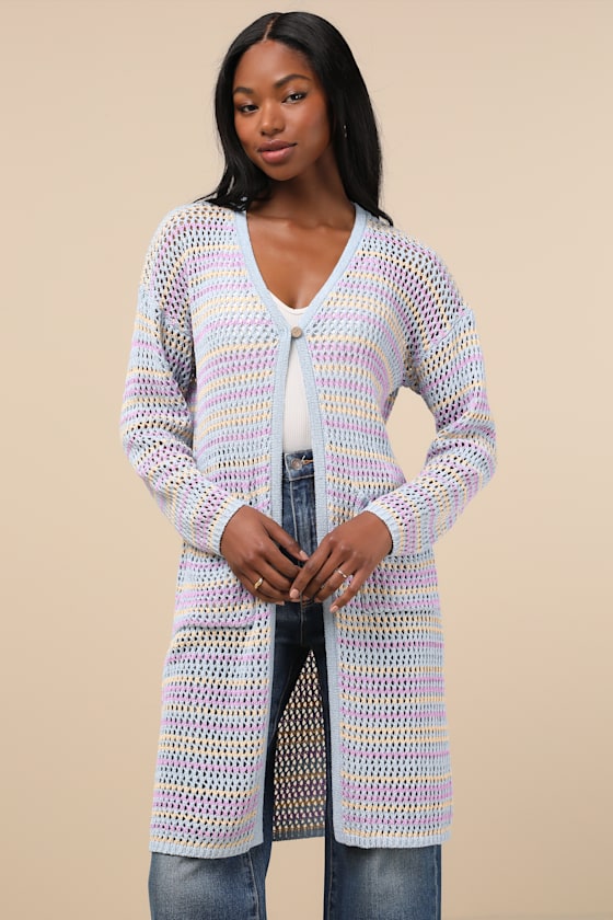 Blue Multi Striped Cardigan - Loose Crochet Cardigan - Long