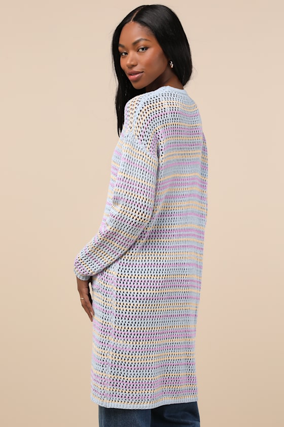 Lulus Breezy Strolls Light Blue Multi Striped Crochet Long Cardigan In Light Blue
