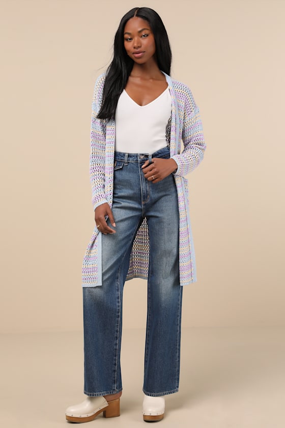 Lulus Breezy Strolls Light Blue Multi Striped Crochet Long Cardigan In Light Blue