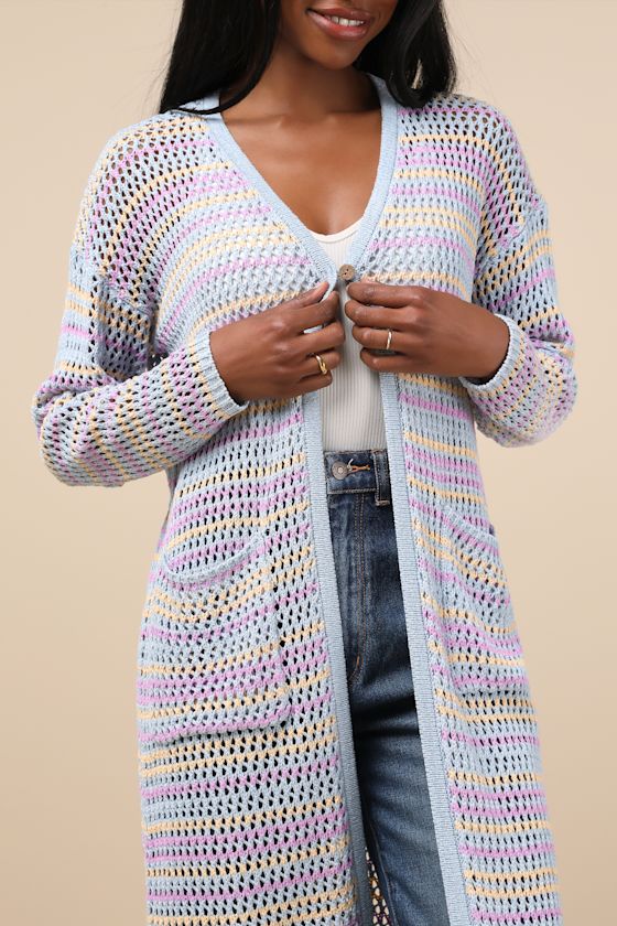 Lulus Breezy Strolls Light Blue Multi Striped Crochet Long Cardigan In Light Blue