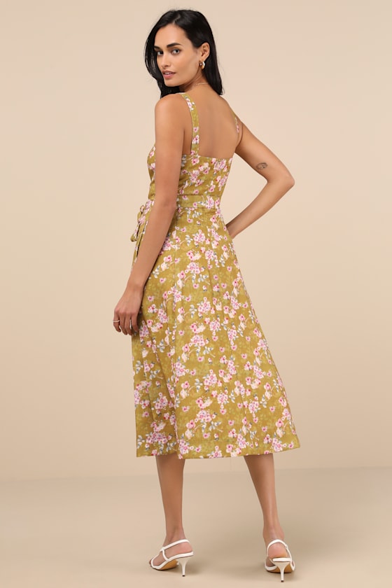 Lulus Sunny Posture Chartreuse Floral Sleeveless Midi Dress In Green