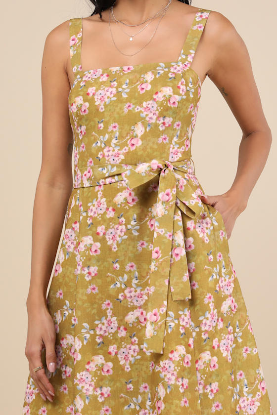 Lulus Sunny Posture Chartreuse Floral Sleeveless Midi Dress In Green
