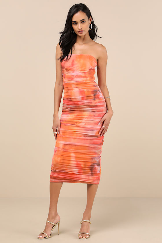 LULUS VANIA ORANGE ABSTRACT MESH RUCHED STRAPLESS MIDI DRESS