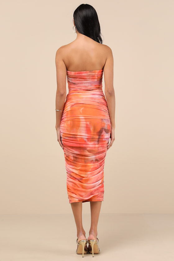 LULUS VANIA ORANGE ABSTRACT MESH RUCHED STRAPLESS MIDI DRESS