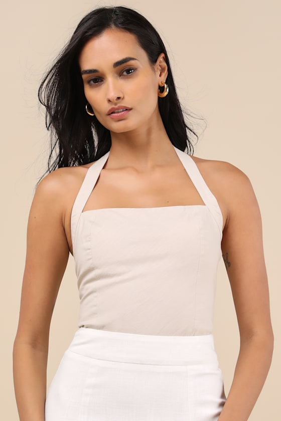 Lulus Double Digits Linen Halter Crop Top In Beige