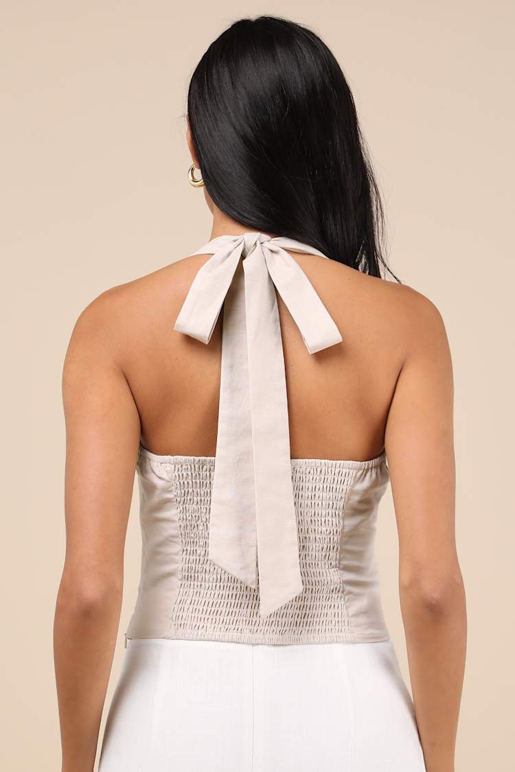 Maebyn Beige Halter Crop Top