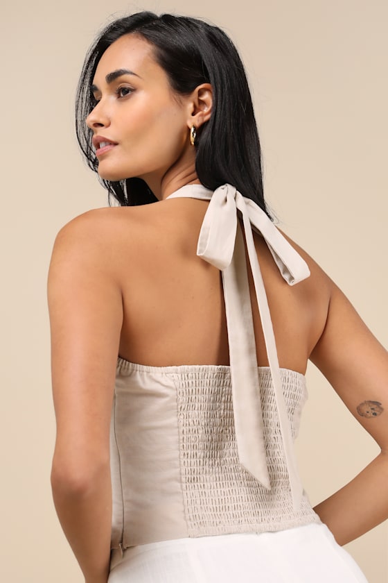 Lulus Double Digits Linen Halter Crop Top In Beige