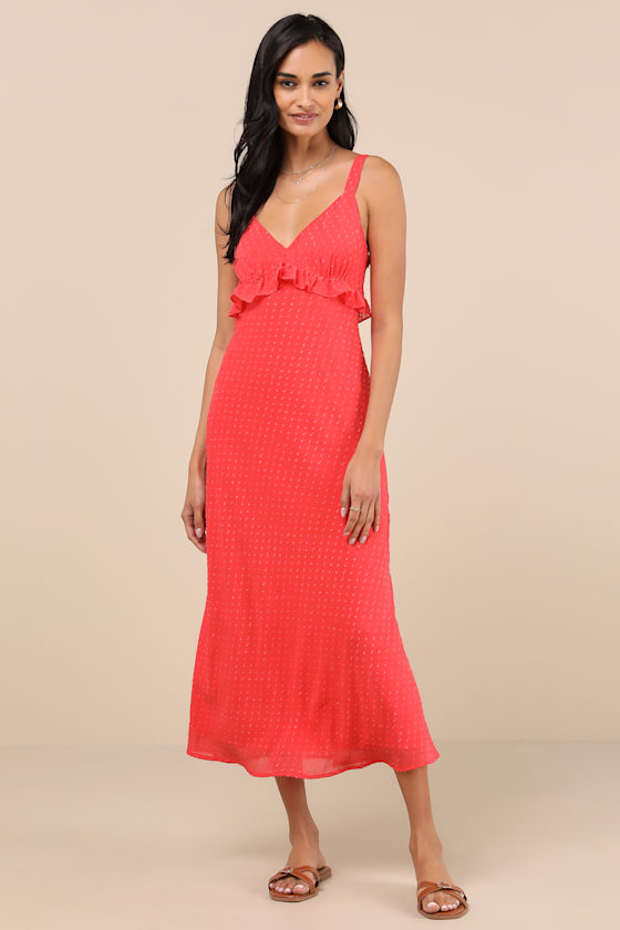 Lulus Valonia Red Orange Ruffled Clip Dot Empire Waist Midi Dress In Red Orange