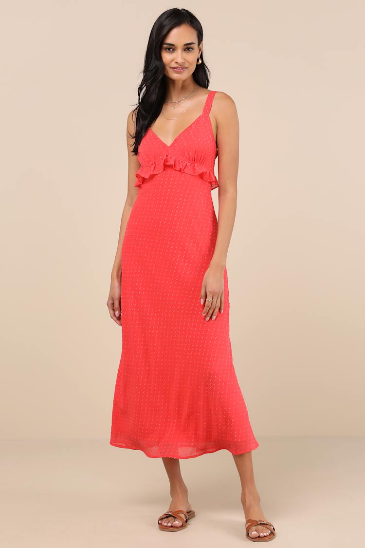 Red Orange Dress - Ruffled Empire Waist Dress - Sleeveless Midi - Lulus