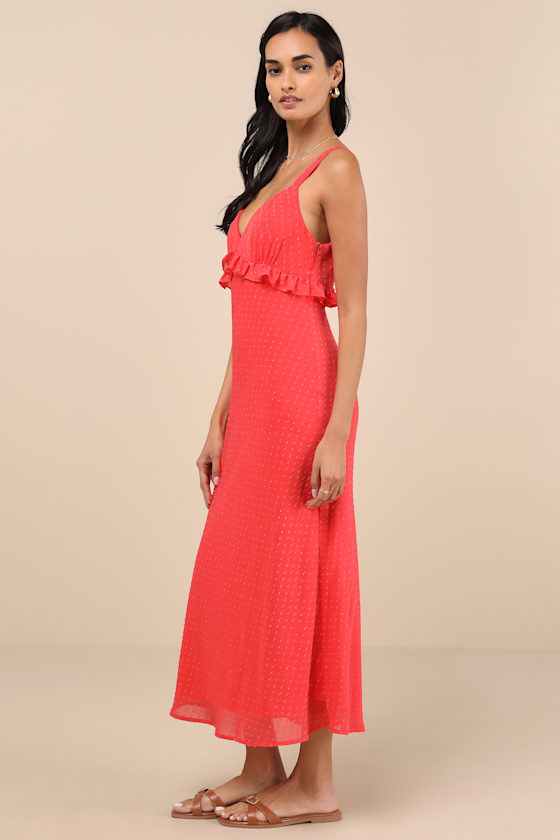 Lulus Valonia Red Orange Ruffled Clip Dot Empire Waist Midi Dress In Red Orange
