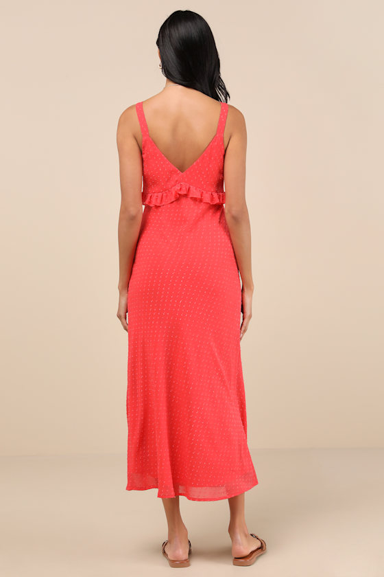 Lulus Valonia Red Orange Ruffled Clip Dot Empire Waist Midi Dress In Red Orange