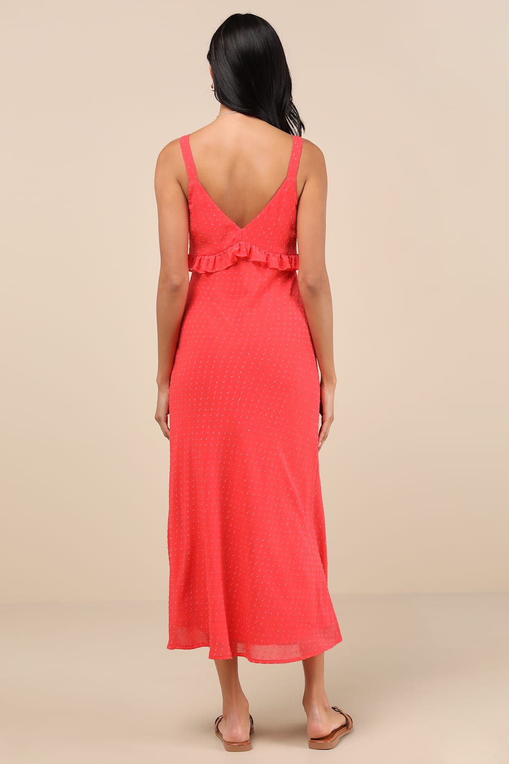 Valonia Red Orange Ruffled Clip Dot Empire Waist Midi Dress