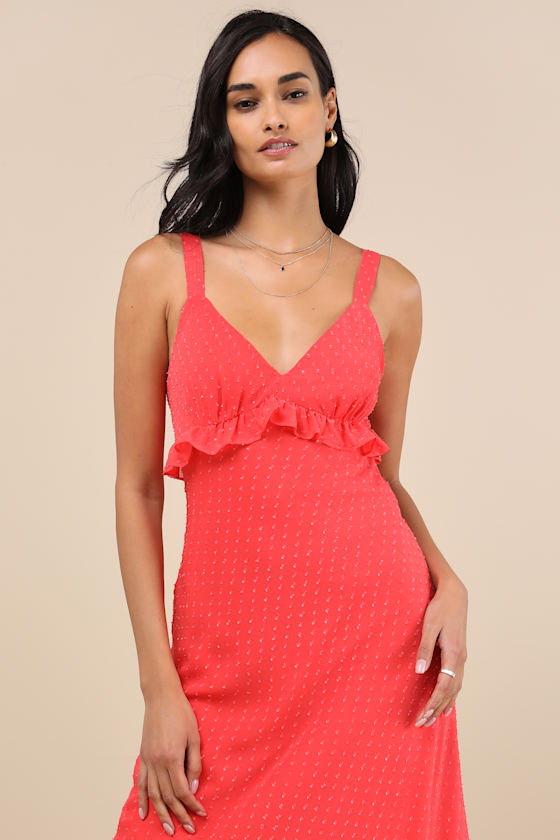 Lulus Valonia Red Orange Ruffled Clip Dot Empire Waist Midi Dress In Red Orange