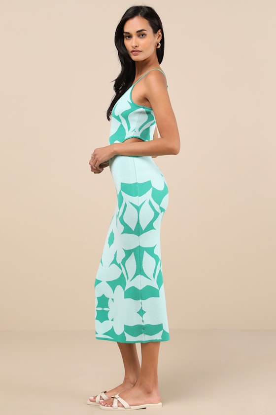 Lulus Perfectly Charming Teal Green Abstract Cutout Midi Sweater Dress In Teal Green