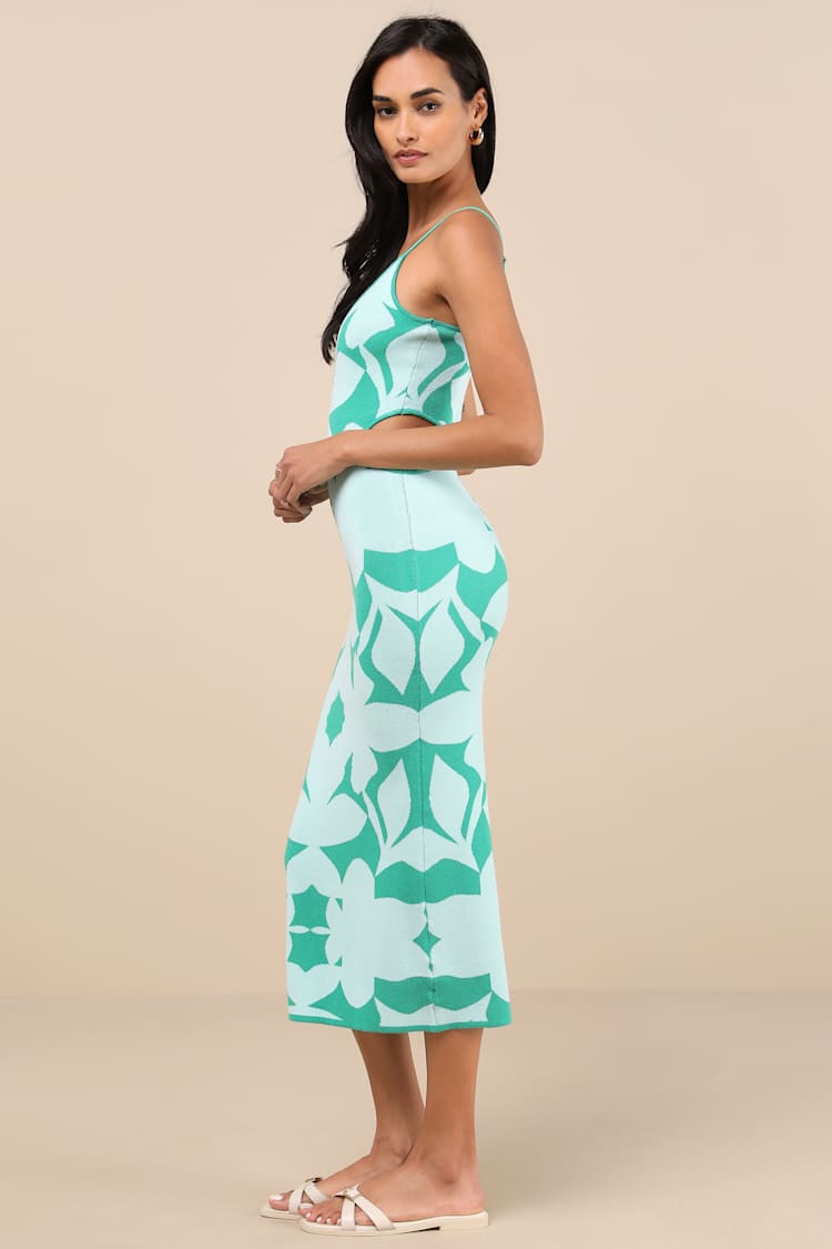 Perfectly Charming Teal Green Abstract Cutout Midi Sweater Dress