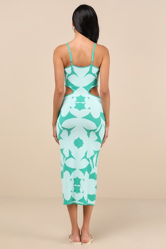 Lulus Perfectly Charming Teal Green Abstract Cutout Midi Sweater Dress In Teal Green