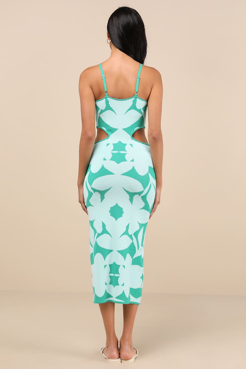 Perfectly Charming Teal Green Abstract Cutout Midi Sweater Dress