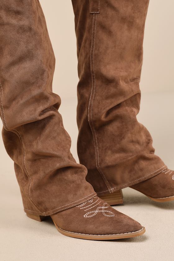 Lulus Emiliya Brown Suede Fold-over Knee-high Western Boots In Brown