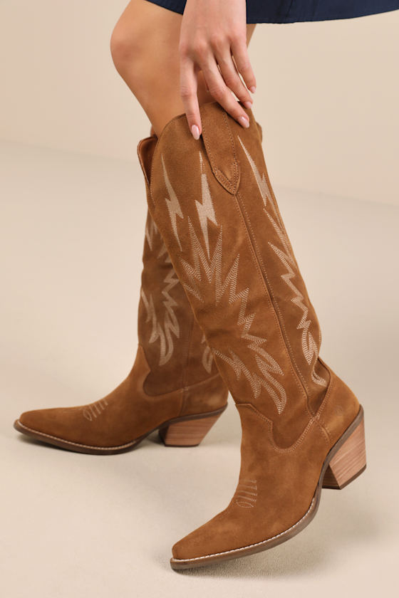 Thunder Road Camel Suede Leather Knee-High Western Boots 2