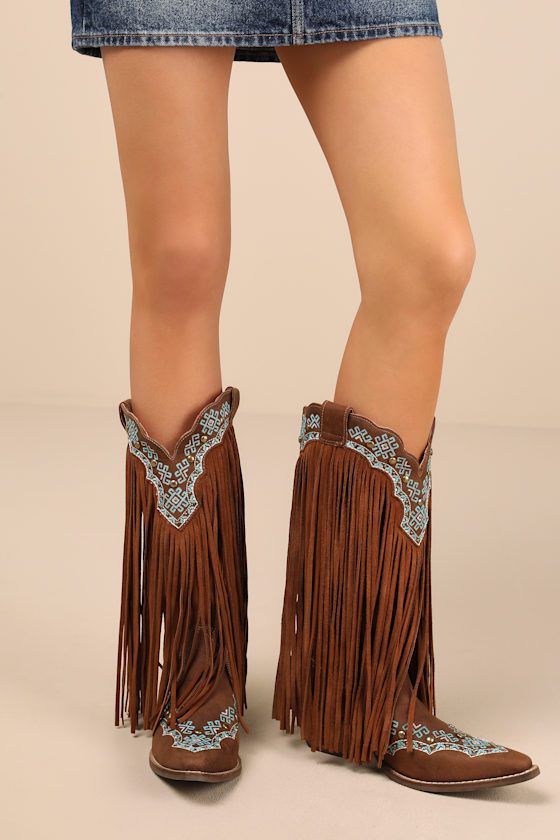 Tequila Sunrise Brown Suede Leather Fringe Western Boots 1