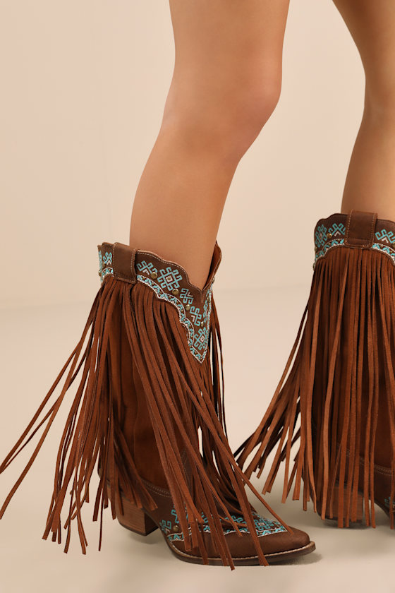 Dingo Tequila Sunrise Brown Suede Leather Fringe Western Boots In Brown