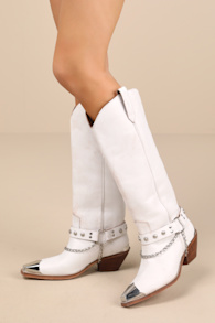 Brazen Distressed White Studded Chain Knee-High Boots 1