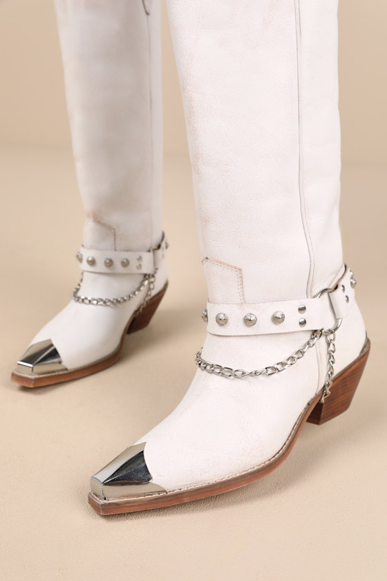 Brazen Distressed White Studded Chain Knee-High Boots 2
