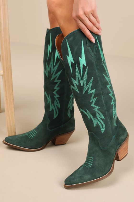 Thunder Road Green Suede Leather Knee-High Western Boots 3