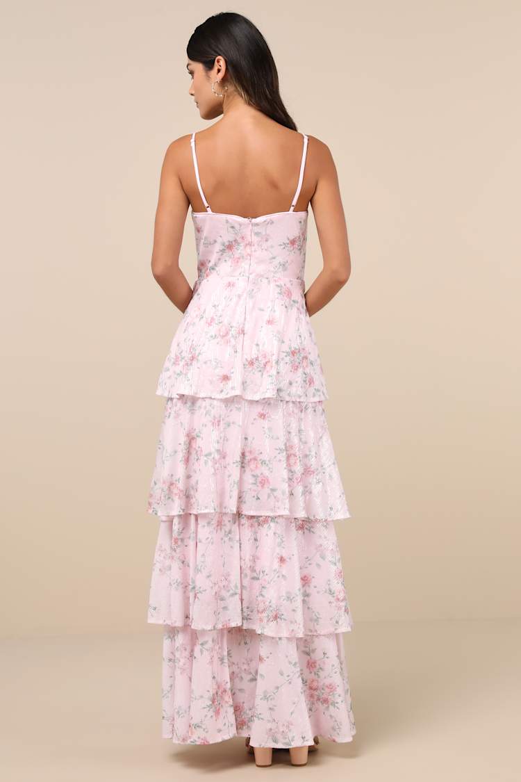 Flourishing Shine Light Pink Floral Sequin Tiered Maxi Dress