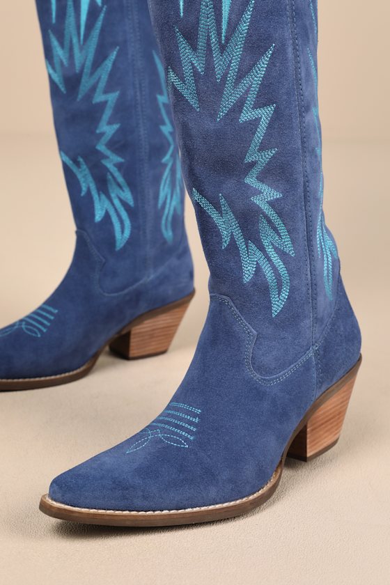 Thunder Road Blue Suede Leather Knee-High Western Boots 2