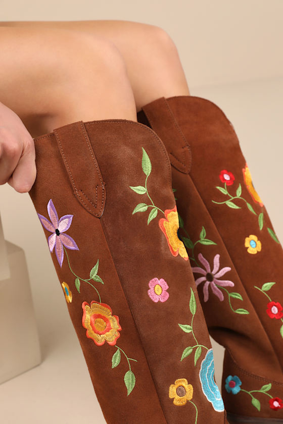 Flower Power Brown Suede Embroidered Knee-High Western Boots 2