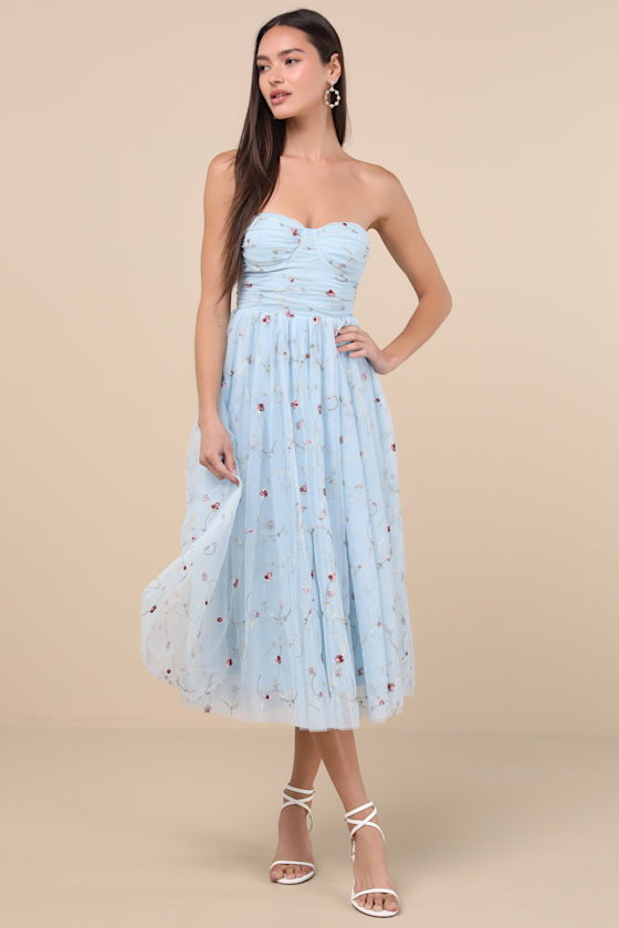 Lulus Kiley Light Blue Embroidered Strapless Midi Dress In Light Blue
