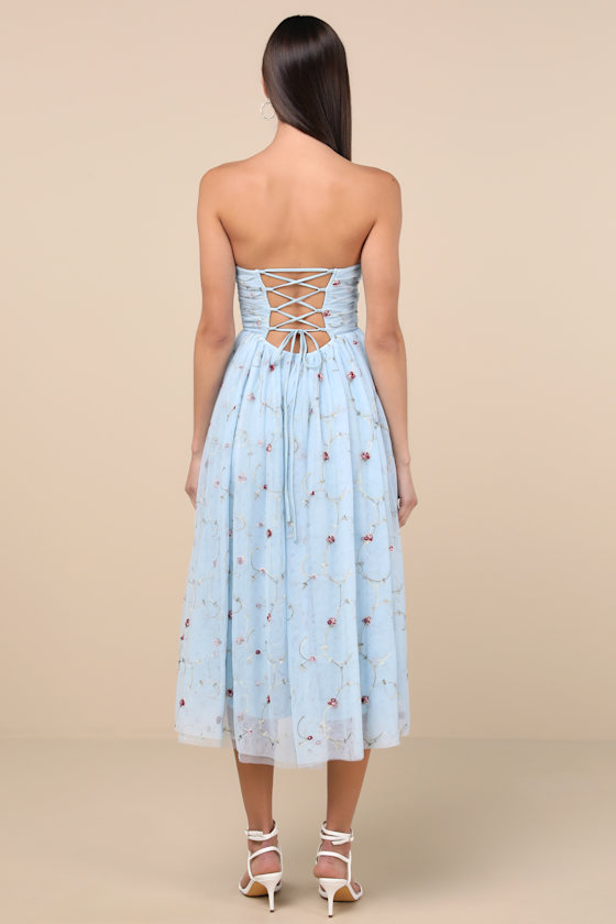 Lulus Kiley Light Blue Embroidered Strapless Midi Dress In Light Blue