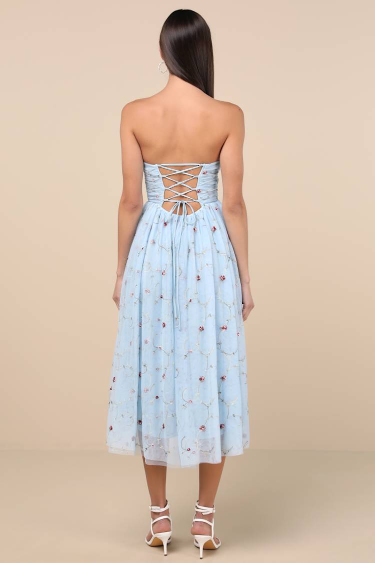 Kiley Light Blue Embroidered Strapless Midi Dress