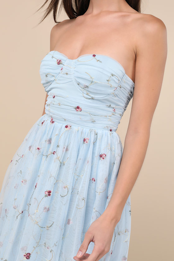 Lulus Kiley Light Blue Embroidered Strapless Midi Dress In Light Blue