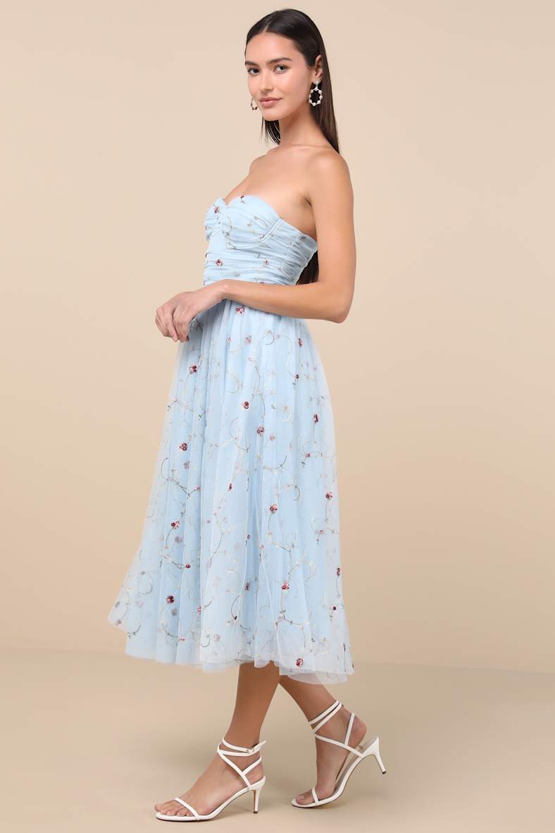 Kiley Light Blue Embroidered Strapless Midi Dress