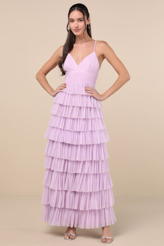 LULUS RADIANT EVENT LAVENDER MESH TIERED RUFFLED BACKLESS MAXI DRESS