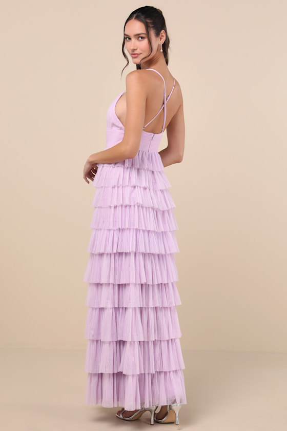 LULUS RADIANT EVENT LAVENDER MESH TIERED RUFFLED BACKLESS MAXI DRESS