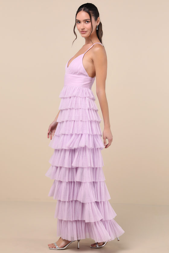 LULUS RADIANT EVENT LAVENDER MESH TIERED RUFFLED BACKLESS MAXI DRESS
